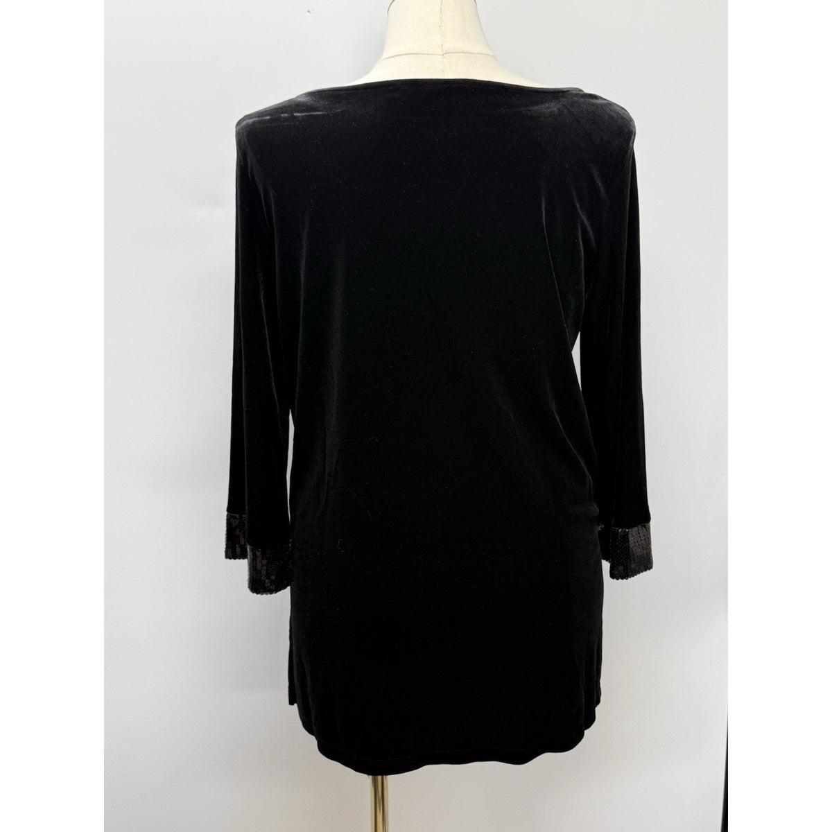 Susan Graver Womens L Black Velvet Tunic Blouse Sequin Trim 3/4 Sleeve