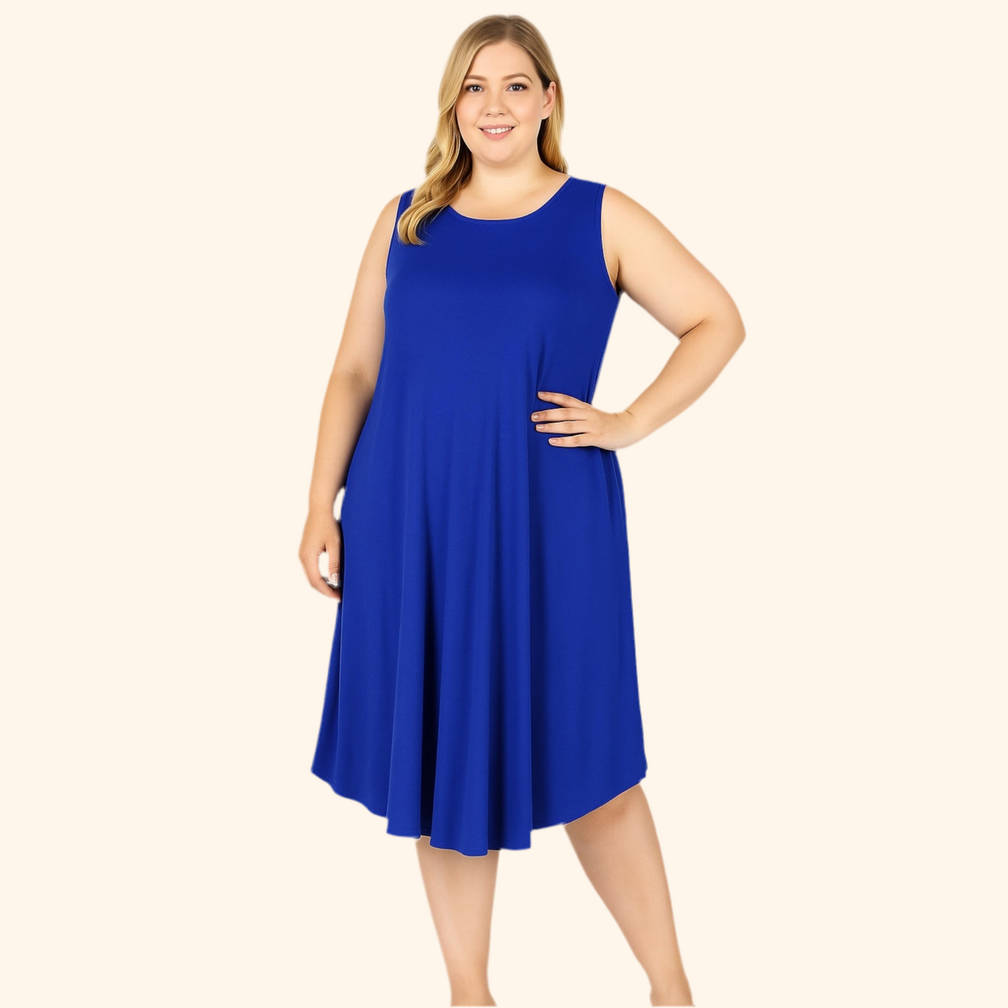 Royal Blue Sleeveless Midi Dress with Pockets | Flowy Summer A-Line Dress |