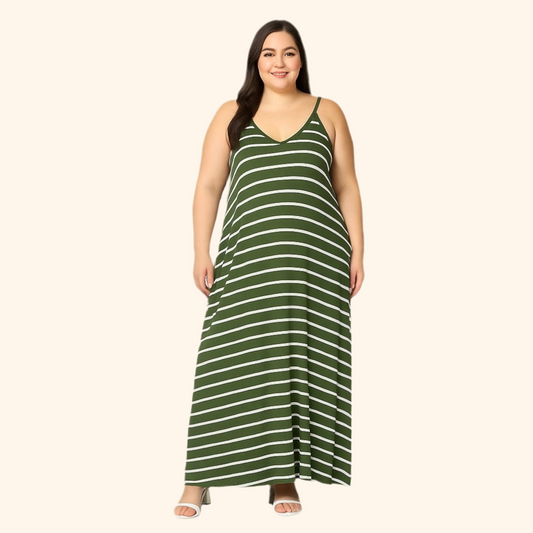 Plus Size Olive Green Striped Maxi Dress – Sizes 1X-3X | Adjustable Spaghetti Straps | Flowy & Comfortable