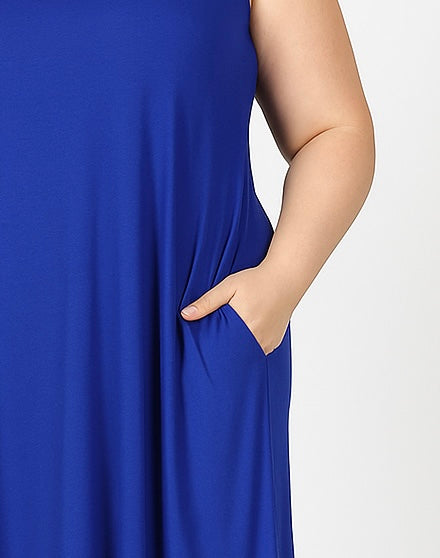 Royal Blue Sleeveless Midi Dress with Pockets | Flowy Summer A-Line Dress |