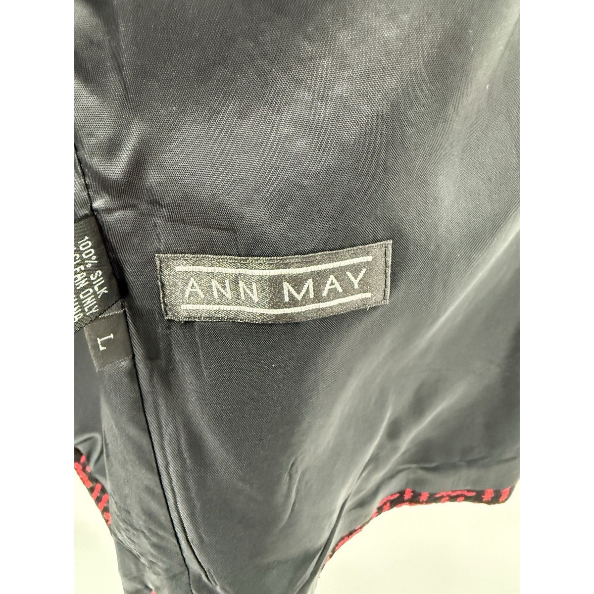 Ann May 100% Silk Woven Blazer Jacket Womens Large Red Black Textured