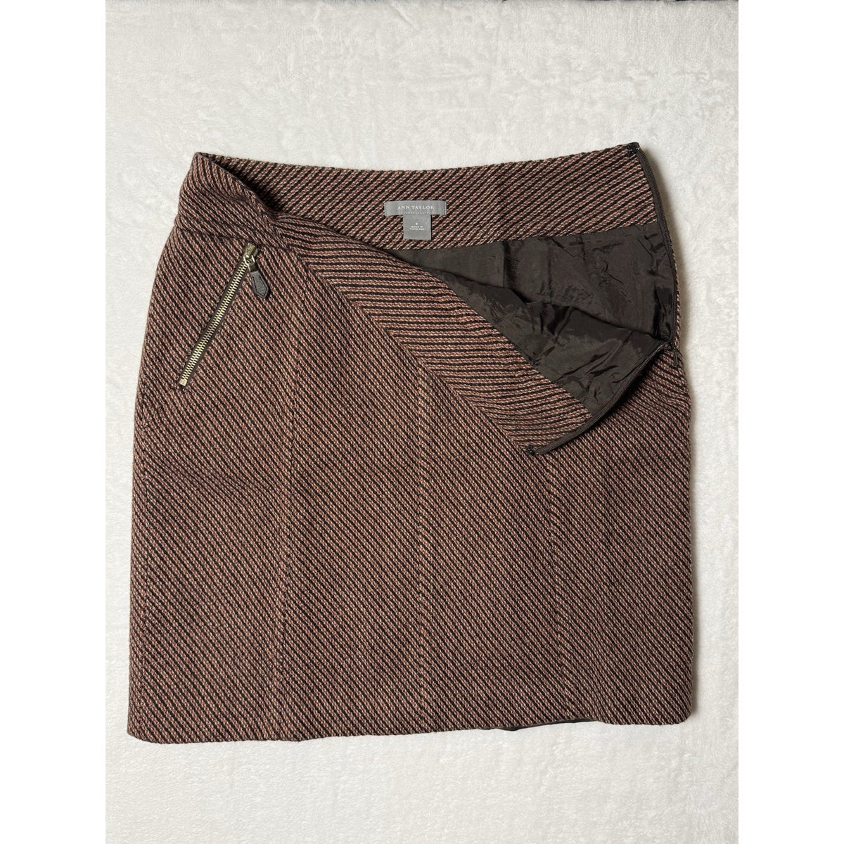 Ann Taylor Skirt Womens 8 Brown Wool Blend Striped Tweed Zip Pocket Mini