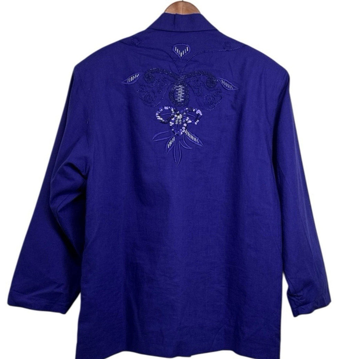 Vintage Adolfo Int’l Linen Blend Blazer L Purple Embroidered Floral Beaded