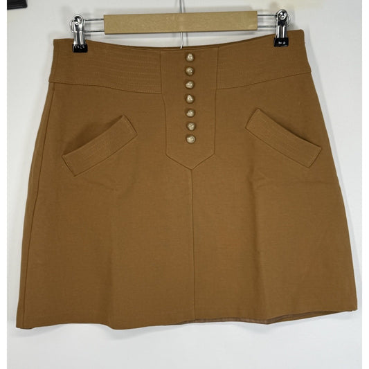 MNG Mango Brown Mini Skirt Womens Sz Medium Button Front Detail Stretch Side Zip
