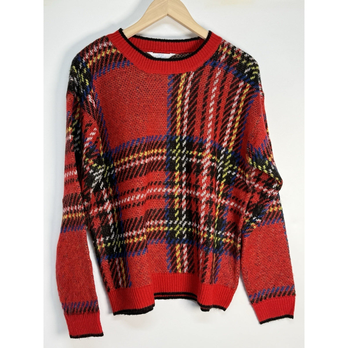 Time and Tru Red Plaid Knit Sweater Women Large 12–14 Cozy Fall Winter Pullover