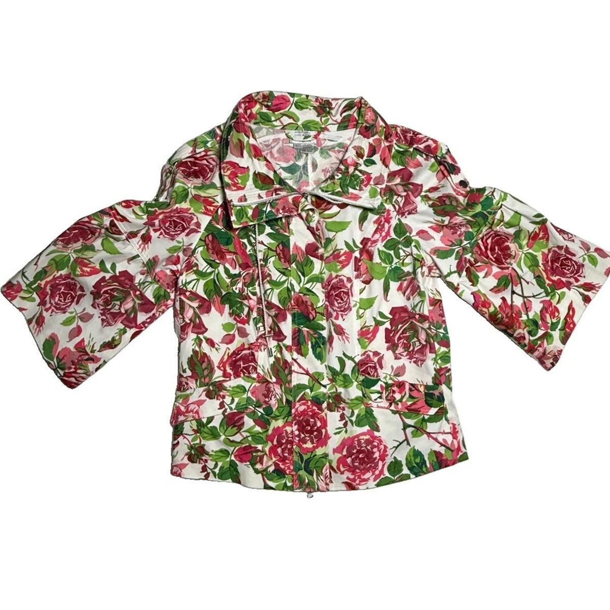 Just B Large Floral Utility Jacket White Pink Green Cotton Zip Front
