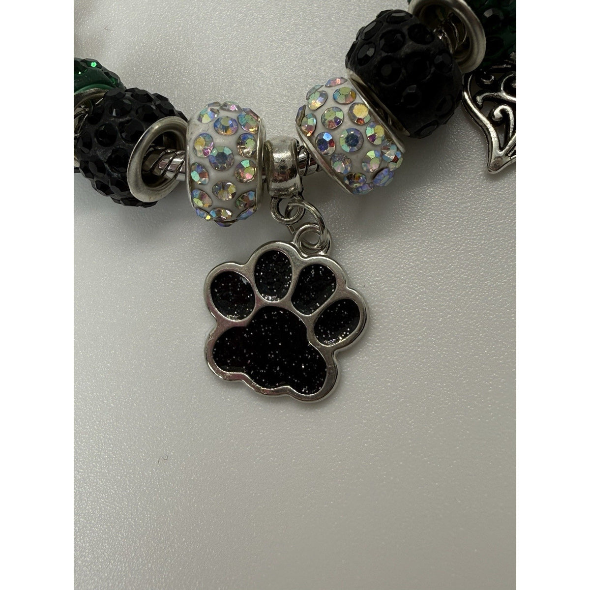 Handmade Dog Lover Charm Bracelet Paw Print Green Black Crystal Beaded