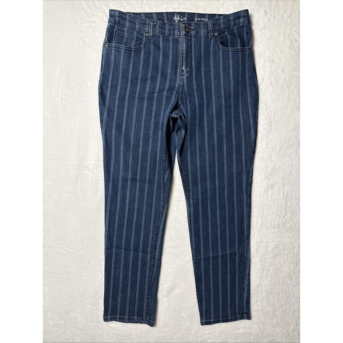 Style & Co Slim Ankle Jeans Womens 10 Blue Striped Denim Zip Fly 5-Pockets