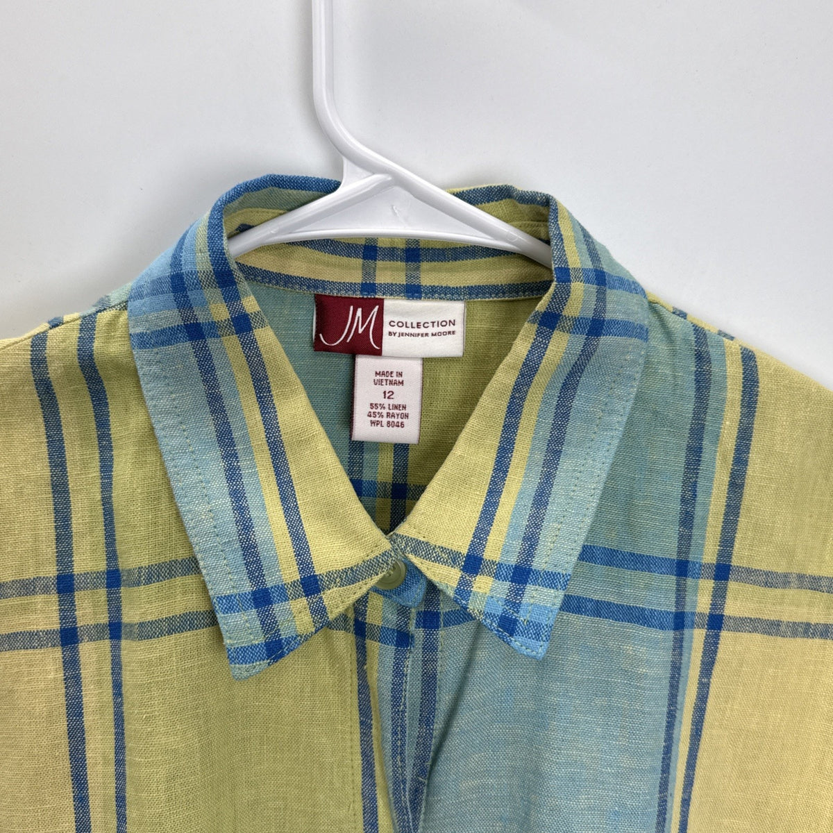 JM Collection Plaid Button Up Shirt Women Size 12 Multicolor Linen Blend