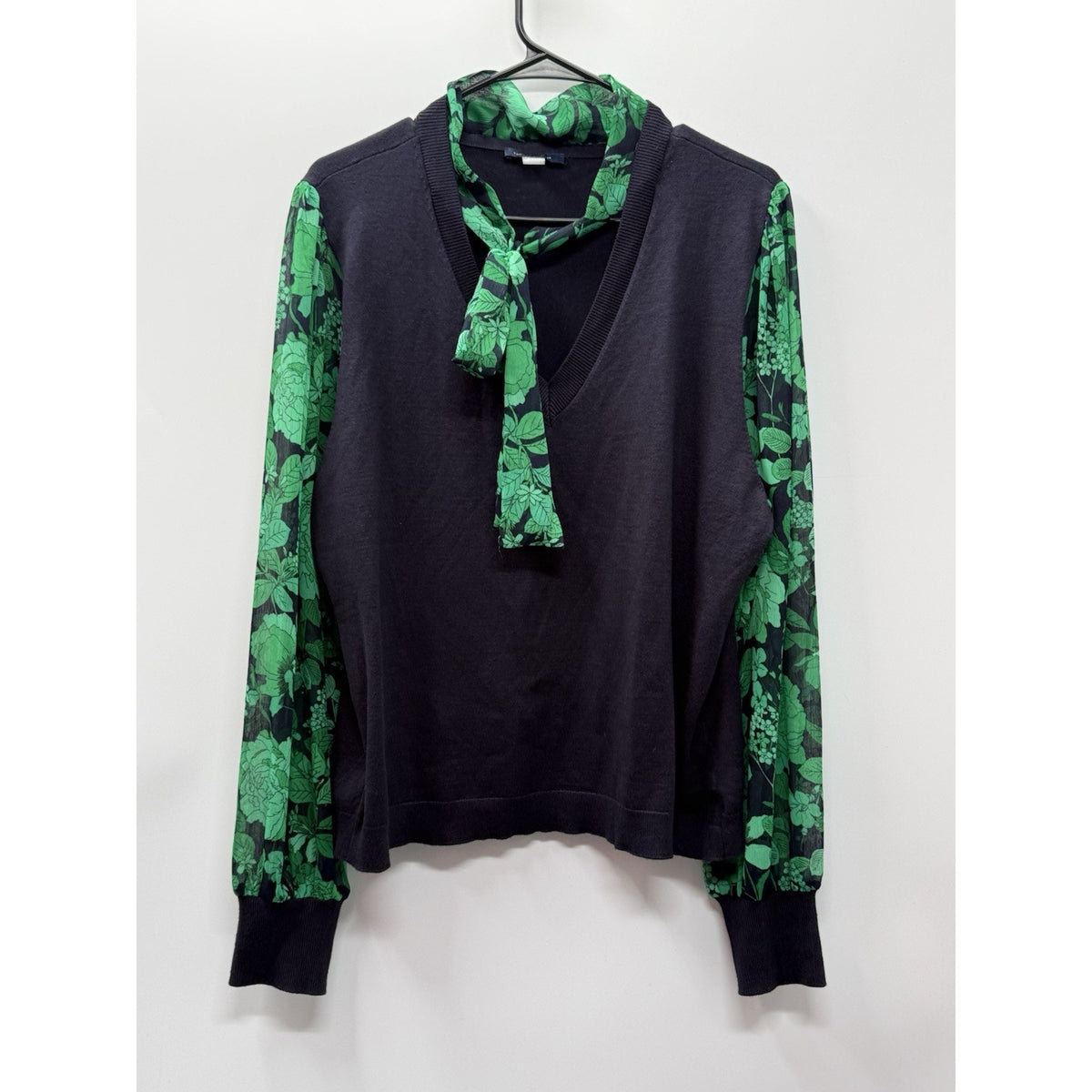 Tommy Hilfiger XL Tie Neck Sweater Green Floral Sleeve V Neck Mixed Media Top