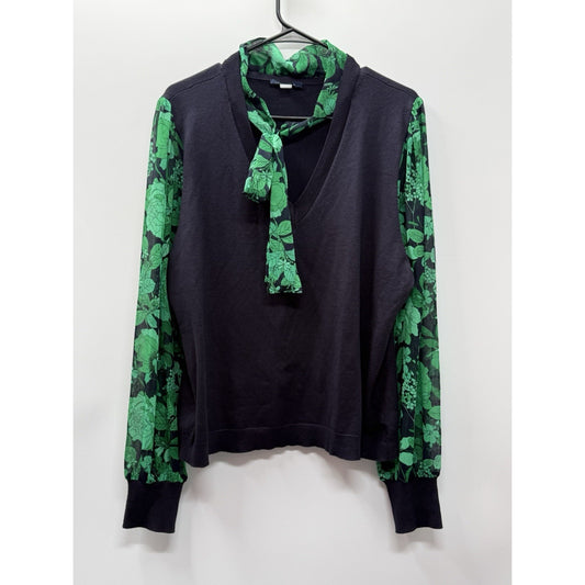 Tommy Hilfiger XL Tie Neck Sweater Green Floral Sleeve V Neck Mixed Media Top