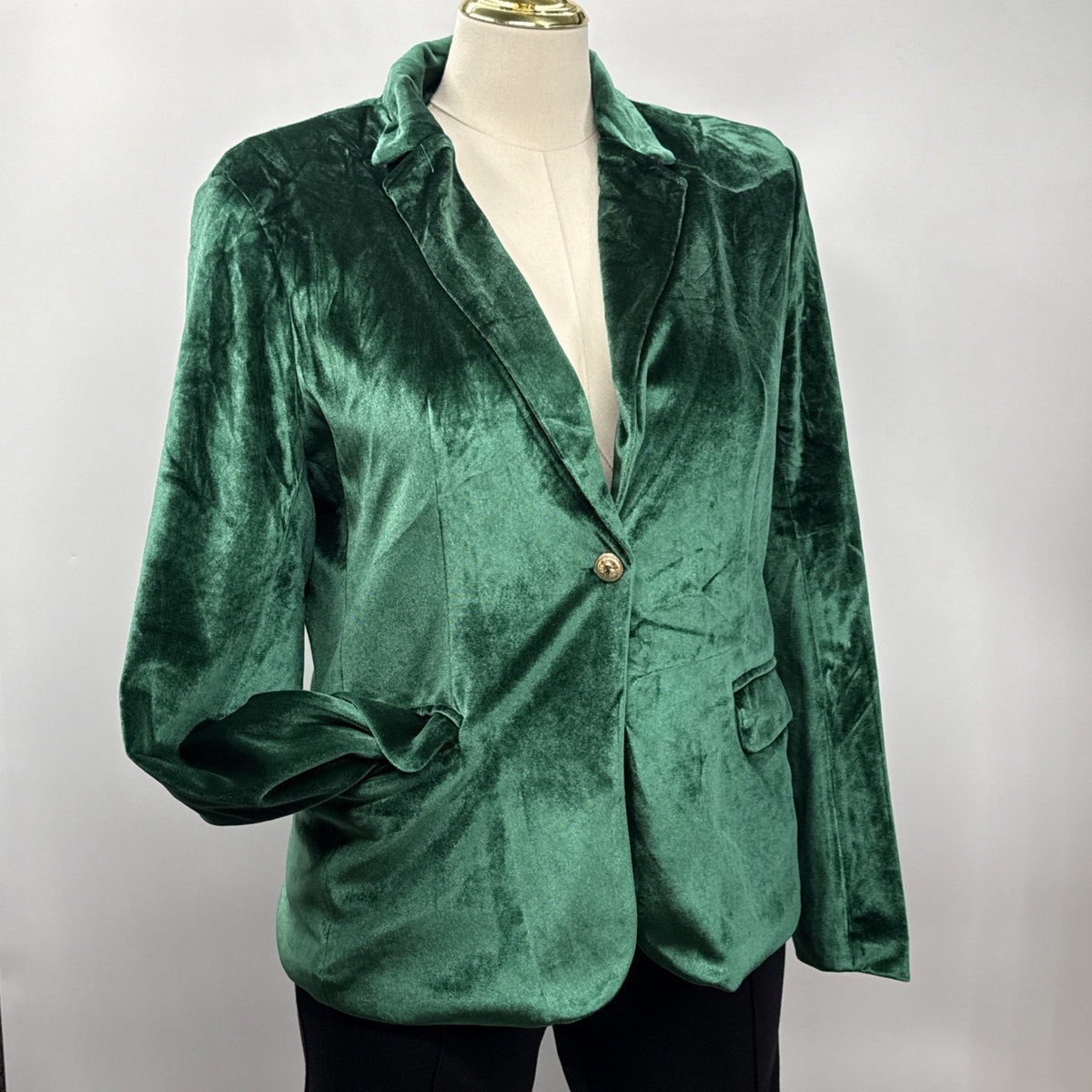 Green Velvet Blazer Womens XL 18 Single Button Gold Buttons Jacket Holiday