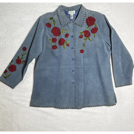 QUACKER FACTORY Womens Blue Suede Leather Red Roses Jacket Coat - Sz XL