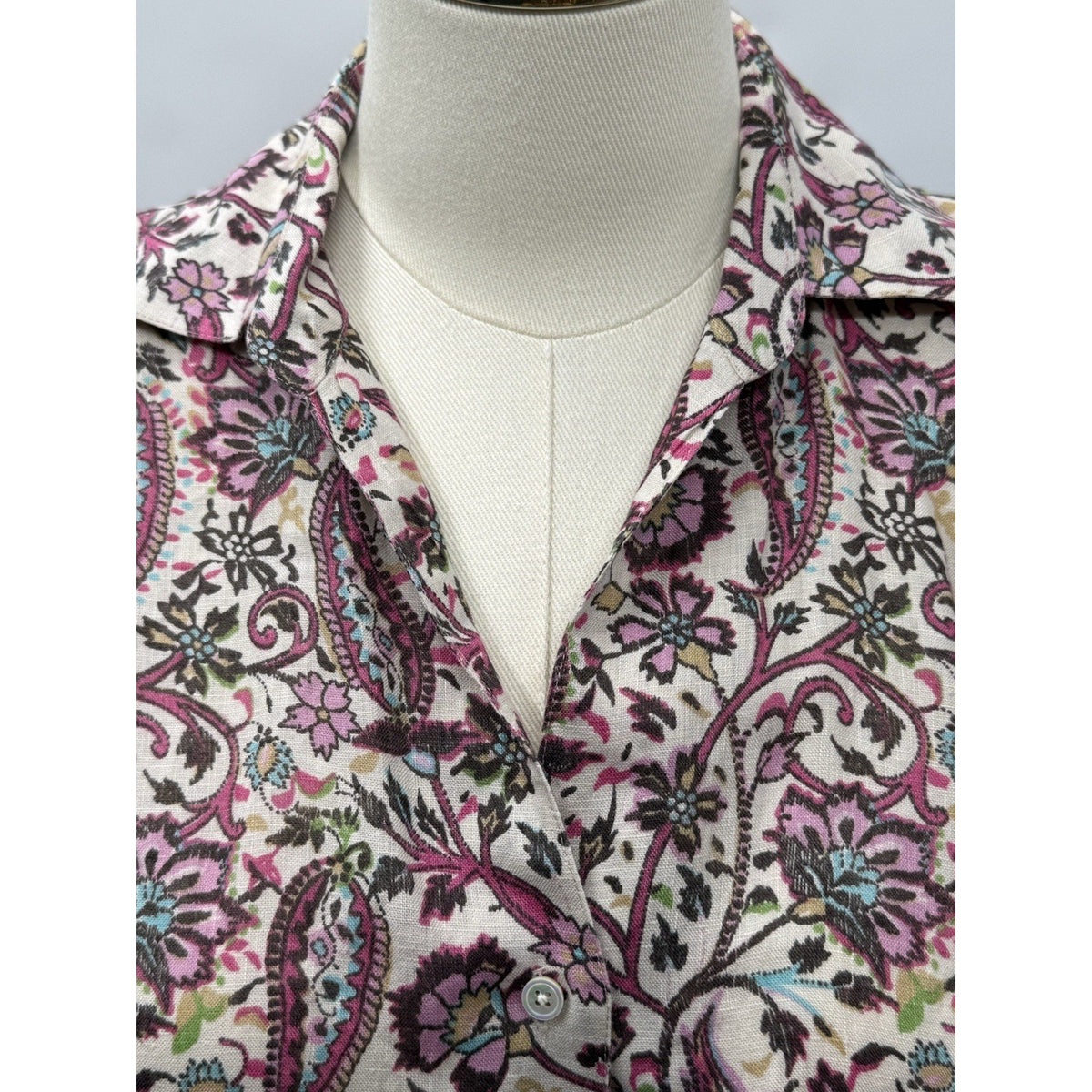 Harold’s Women’s L 100% Linen Blouse Pink Paisley Floral Tie Waist Sleeveless