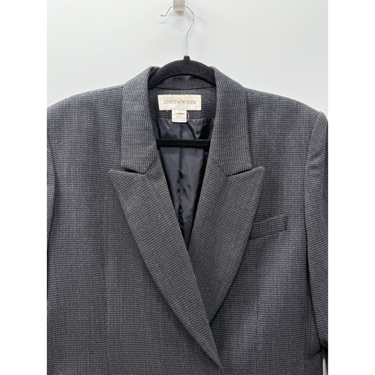 Vintage Jones New York Wool Blazer Womens 14 Black Gray Double Breasted