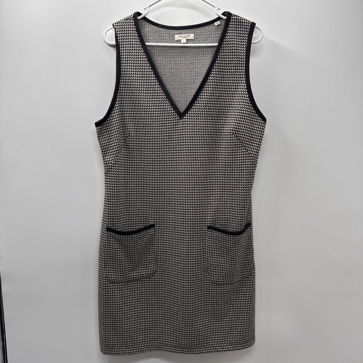 Max Studio Women's Knit Dress Houndstooth Pockets Sleeveless Retro B&W Grey Sz L