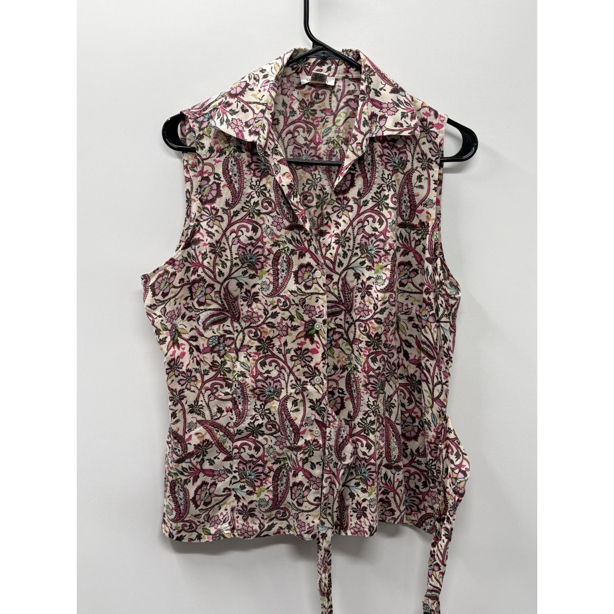 Harold’s Women’s L 100% Linen Blouse Pink Paisley Floral Tie Waist Sleeveless