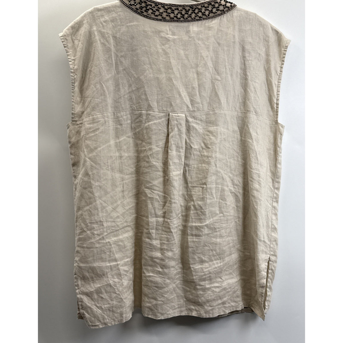 Peck & Peck Womens Large Khaki Linen V Neck Top Beaded Embroidered Casual