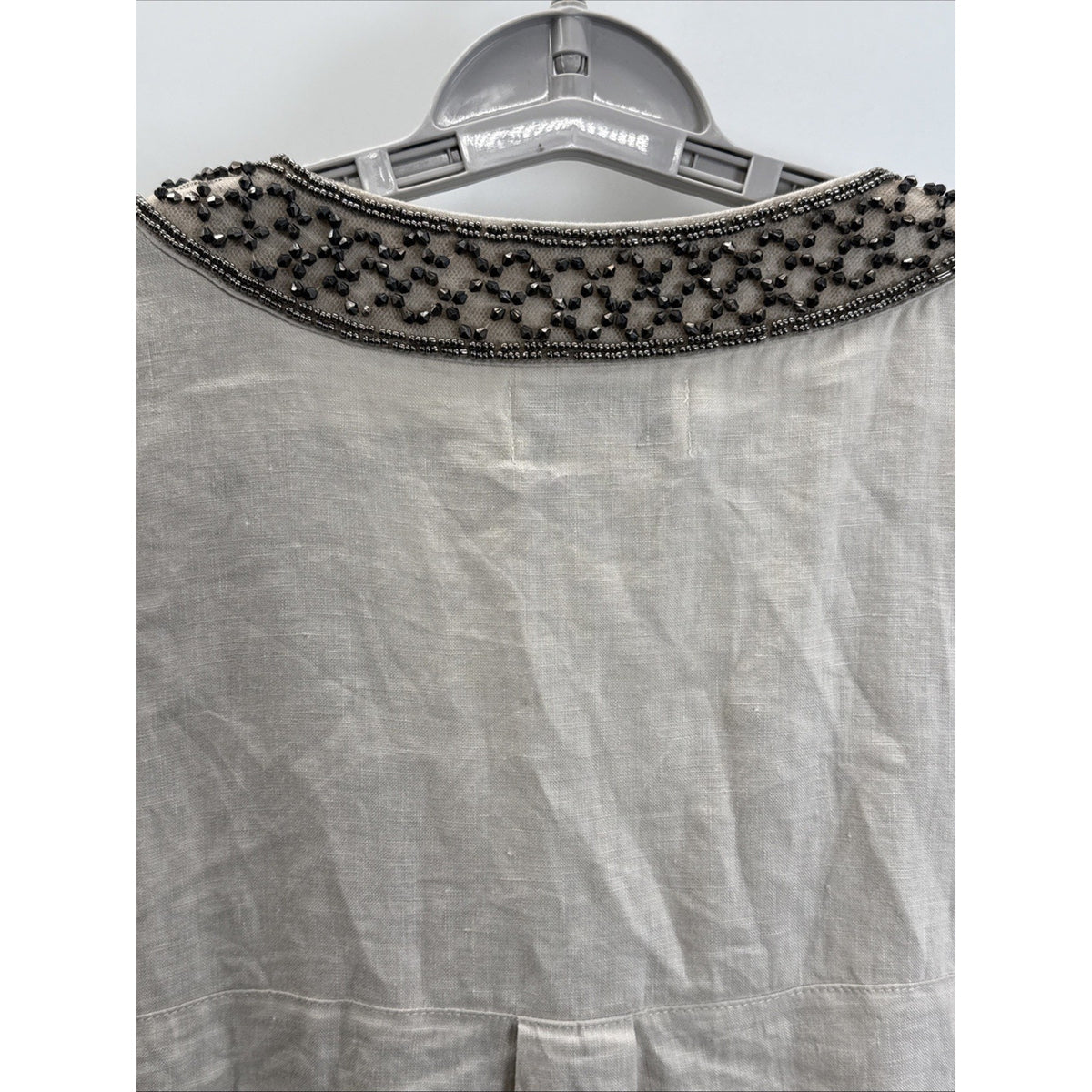 Peck & Peck Womens Large Khaki Linen V Neck Top Beaded Embroidered Casual