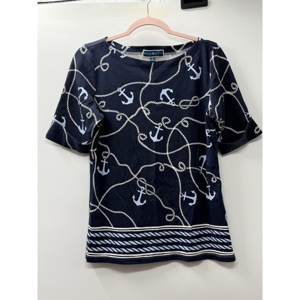 Karen Scott Nautical Anchor Top Womens M Navy Short Sleeve Coastal Tee