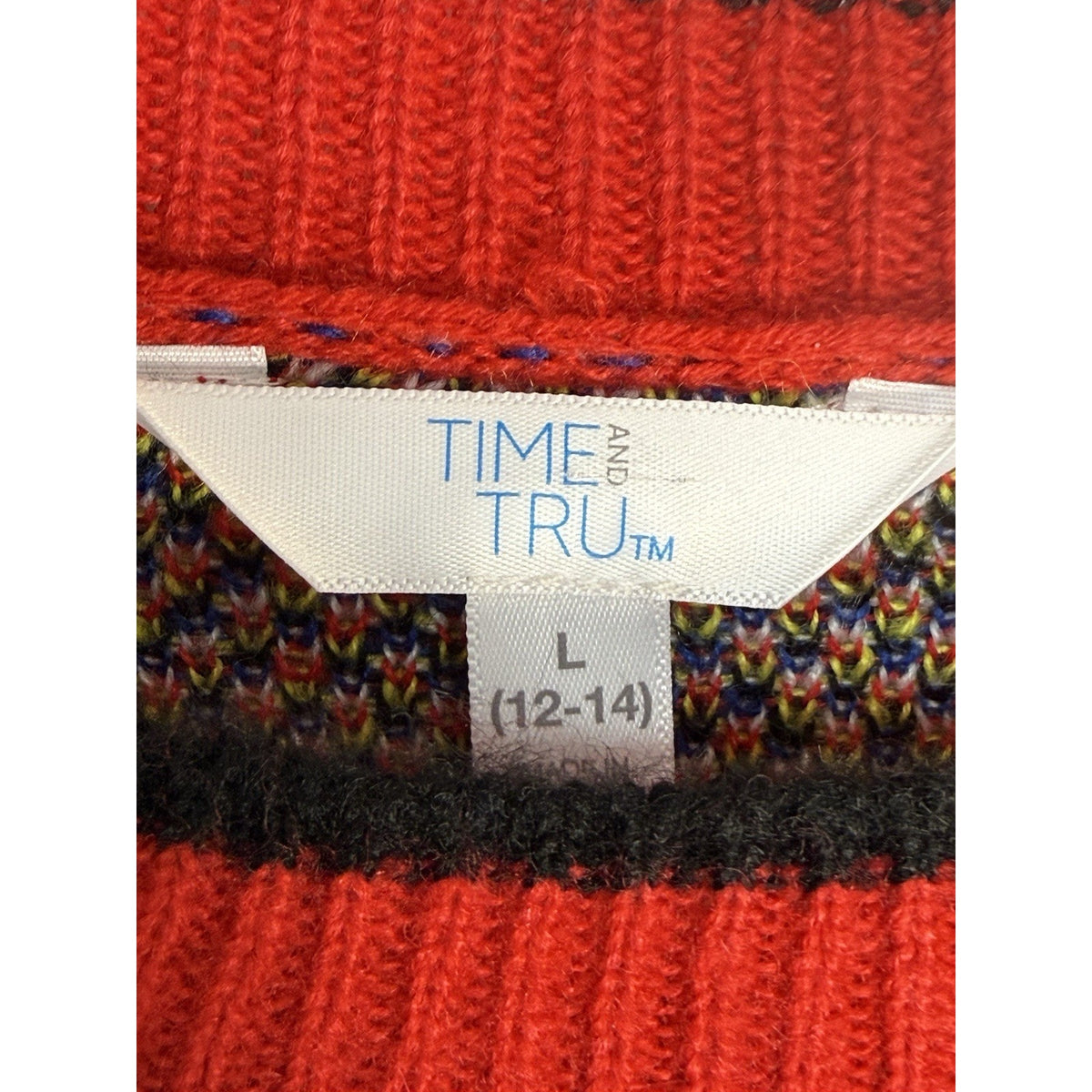 Time and Tru Red Plaid Knit Sweater Women Large 12–14 Cozy Fall Winter Pullover