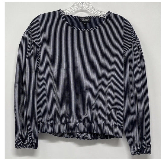 TOPSHOP Womens Long Sleeve Top Size 2 Navy Blue White Striped Down Elastic Hem