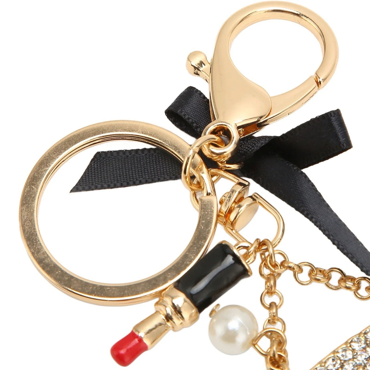 Handbag Purse Charm Keychain Women’s Rhinestone Bag Lipstick Gold Tone Keyring