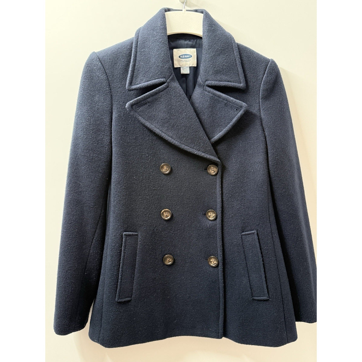 Old Navy Womens M Navy Blue Double Breasted Peacoat Jacket Belted Back 28”