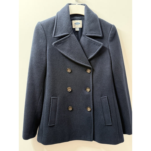Old Navy Womens M Navy Blue Double Breasted Peacoat Jacket Belted Back 28”