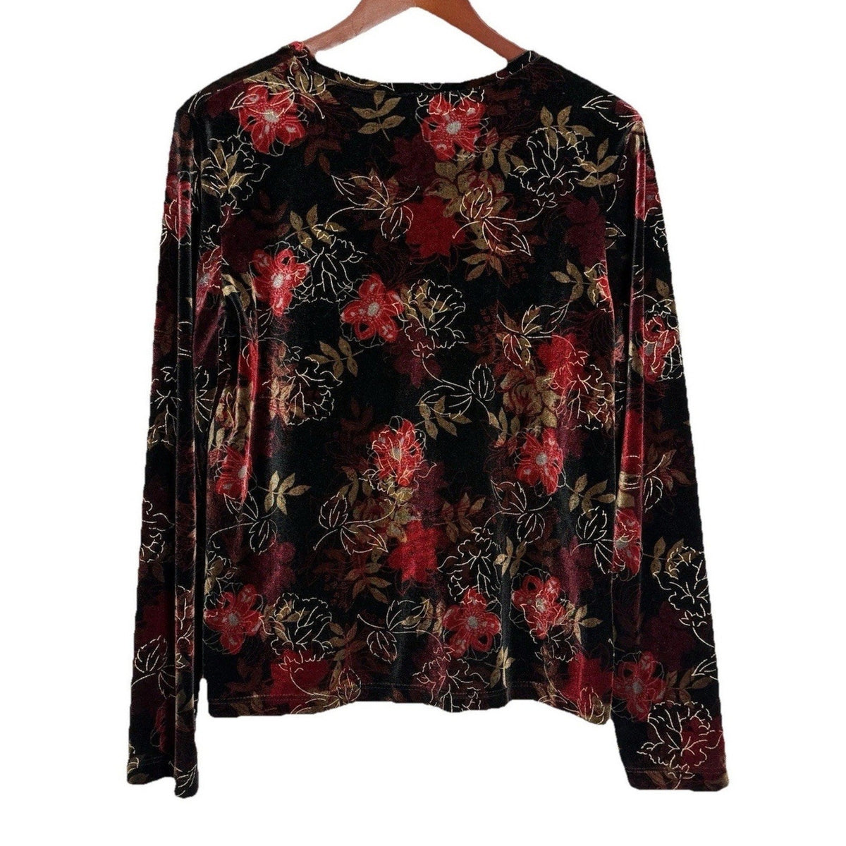 White Stag Large Velvet Top Black Red Gold Metallic Floral LS Whimsigoth