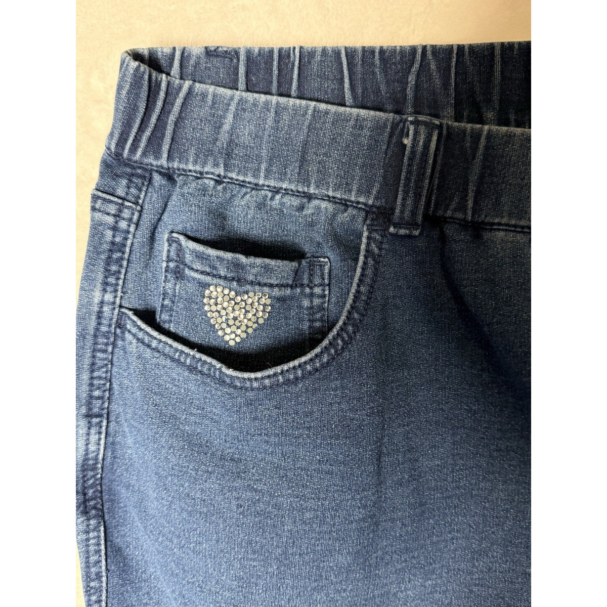Quacker Factory DreamJeannes Jeans 1X Blue Rhinestone Heart Stretch Pull On