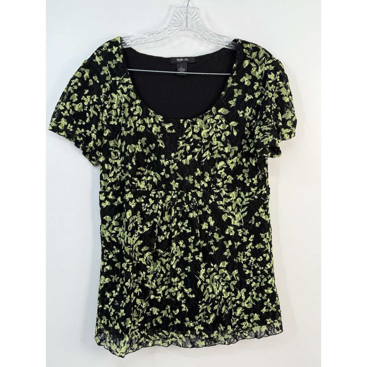Style & Co Lace Floral Sheer Overlay Top Black Green L Lined Short Sleeve Women