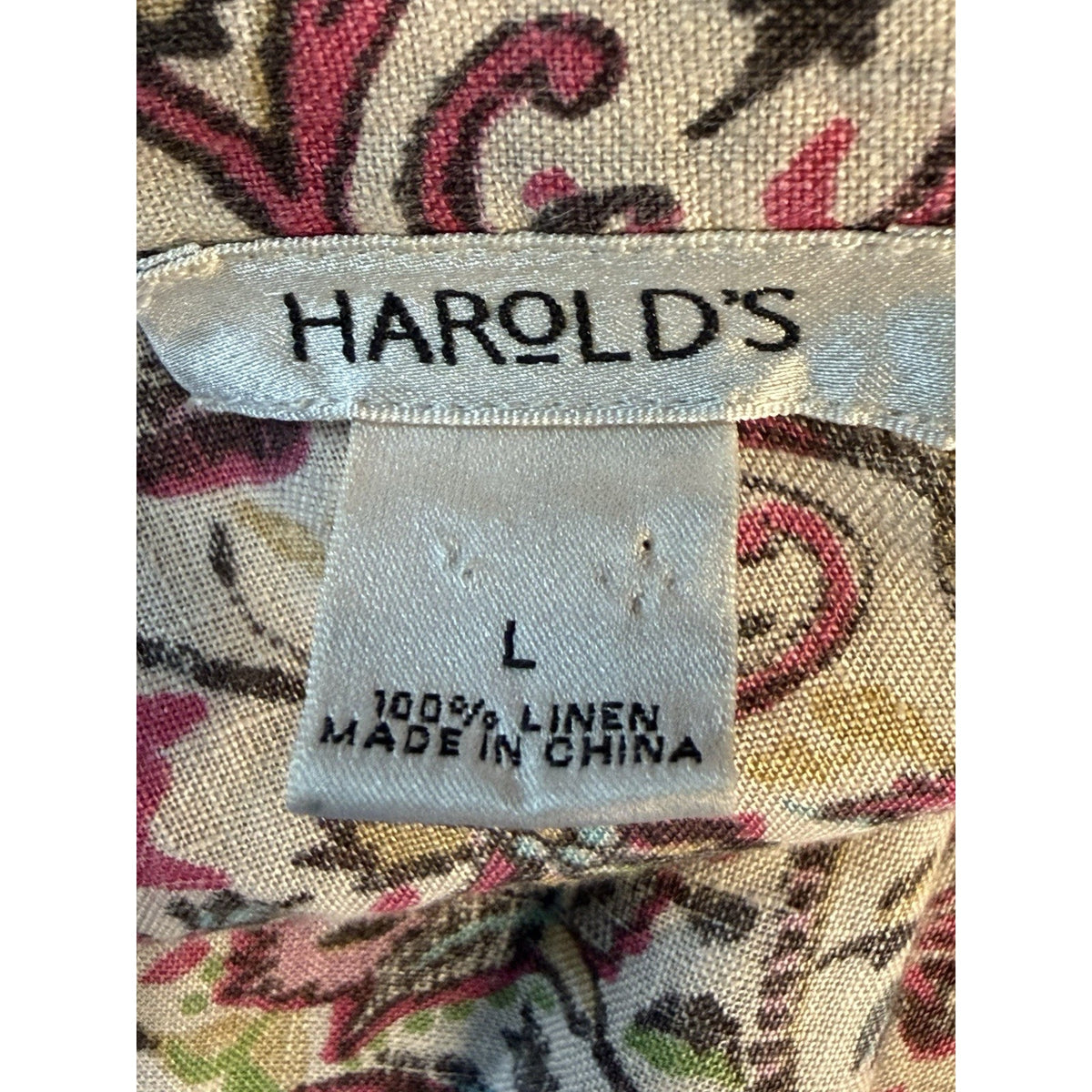Harold’s Women’s L 100% Linen Blouse Pink Paisley Floral Tie Waist Sleeveless
