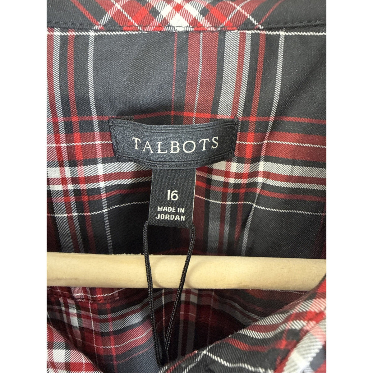 Talbots Women Size 16 Red Black Plaid Ruffle Front Button Down Stretch Shirt NWT