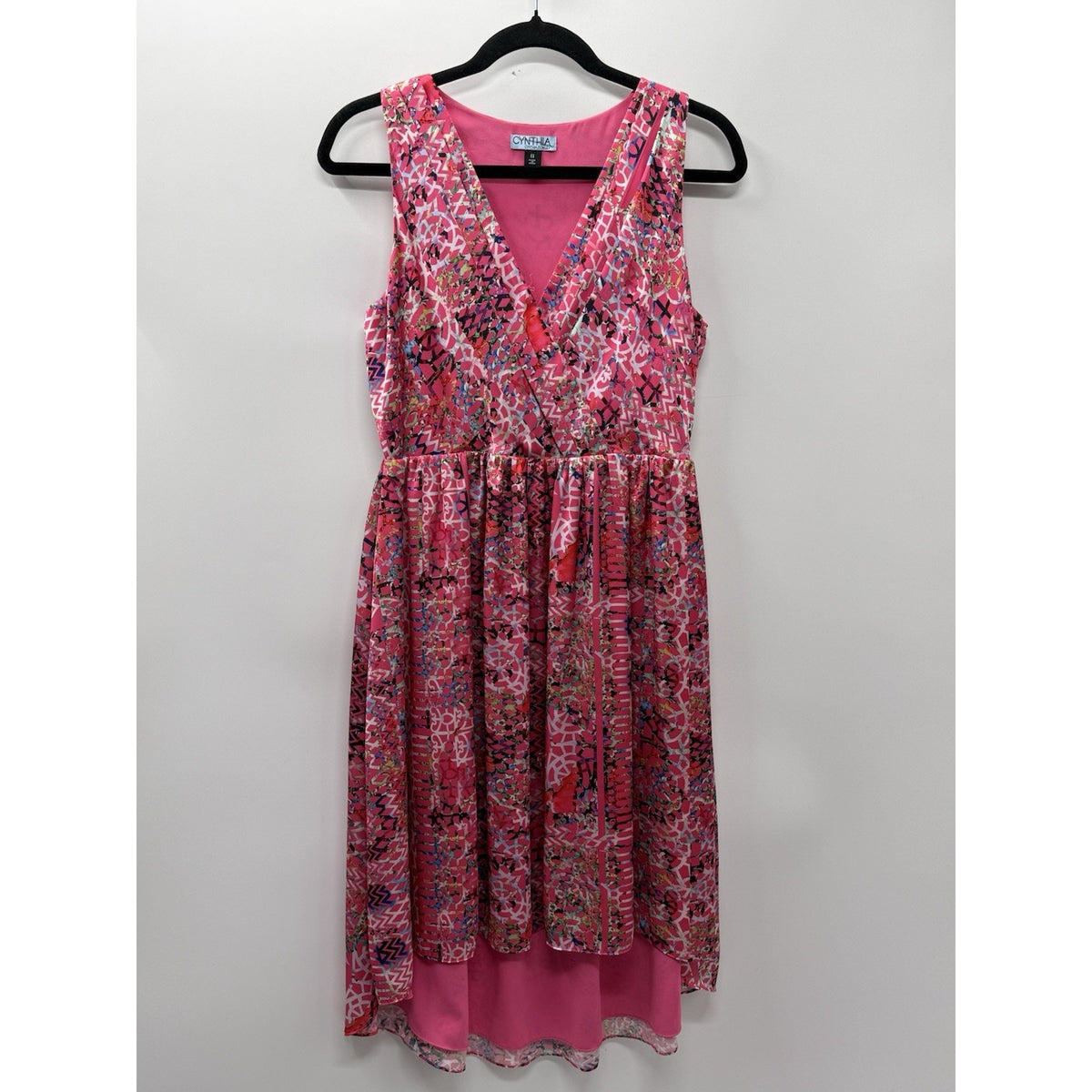 Cynthia Rowley Pink Multicolor Print High Low Dress Womens Size 8 V Neck