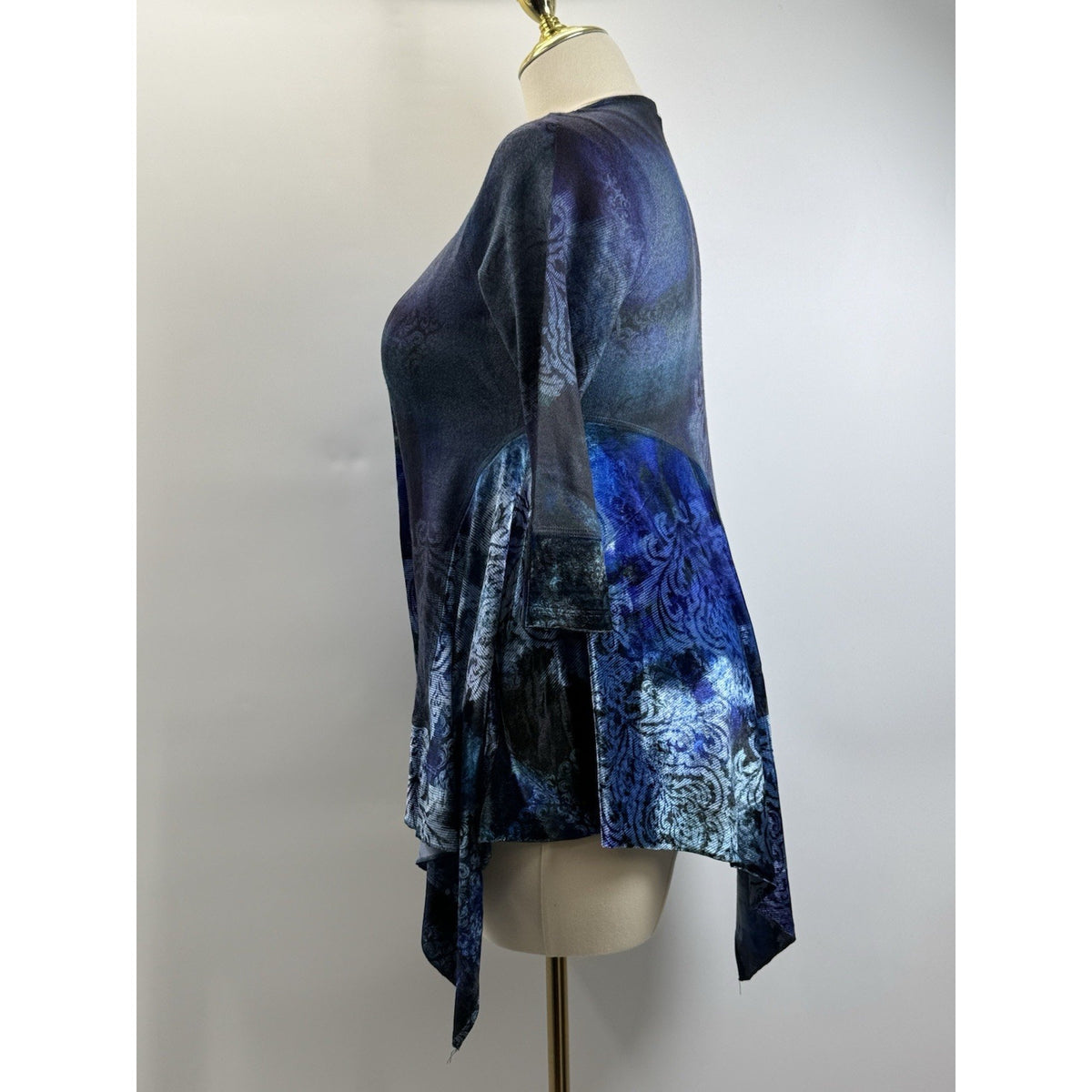 OneWorld Blue Abstract Sharkbite Tunic Top Large Boho Goth Asymmetrical