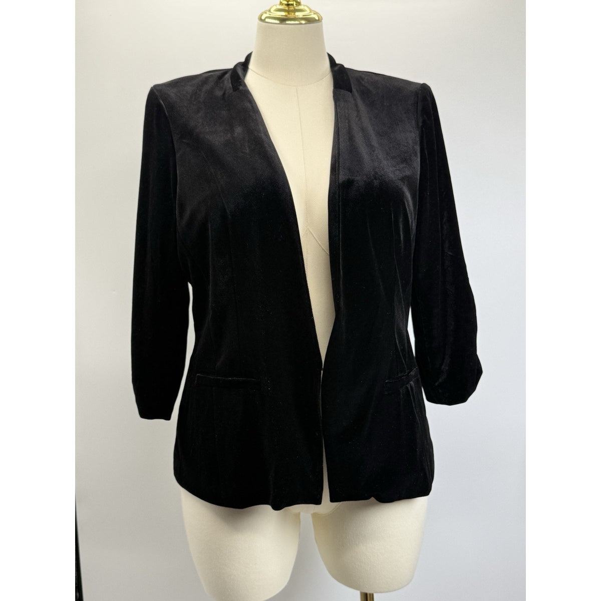 Eliza J Womens Black Velvet Blazer 1X 3/4 Length Ruched Sleeve