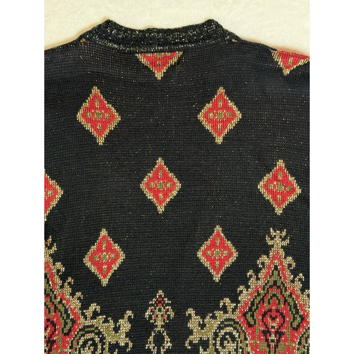 CST Studio Cardigan Sweater Sz 44 Metallic Lurex Black Red Gold Paisley Long