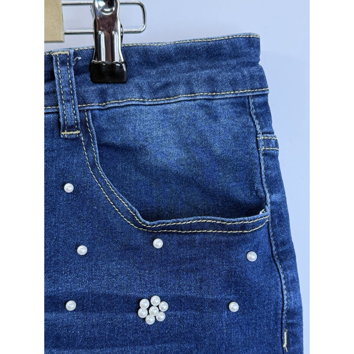 Plus Size Pearl Studded Denim Skirt 3XL Frayed Hem Stretch Jean