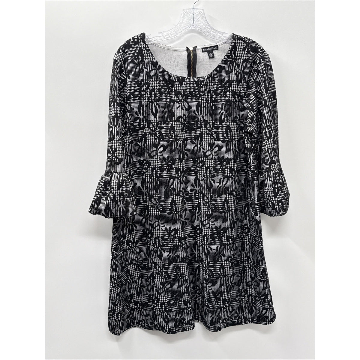 Nina Leonard Shift Dress Womens L Black White Houndstooth Plaid Textured Flower