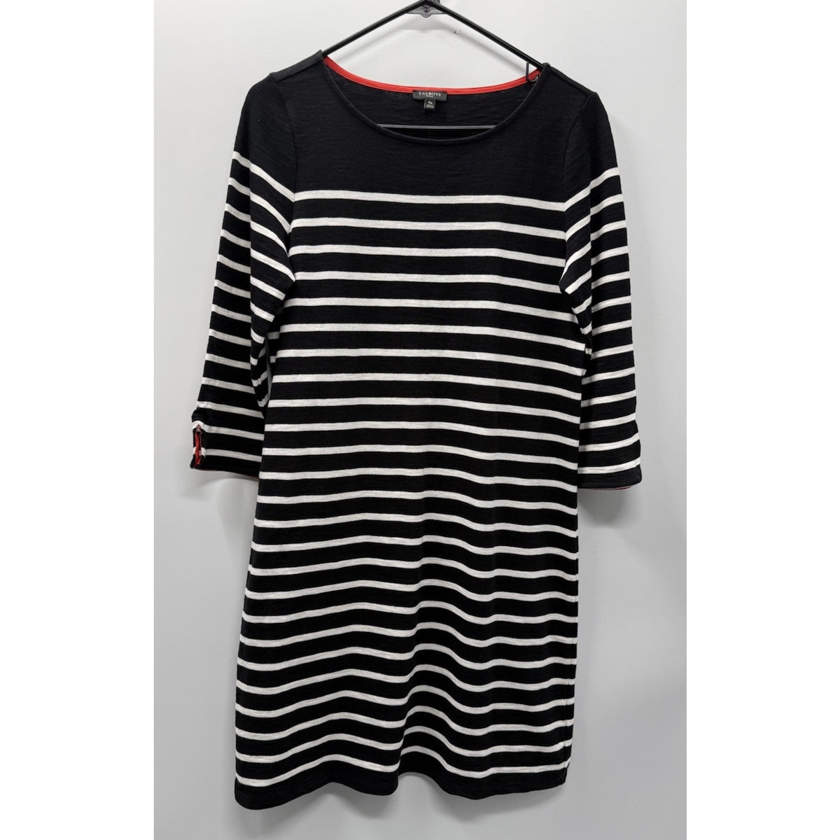 Talbots Petites MP Black White Striped Cotton Knit Dress 3/4 Sleeve Midi