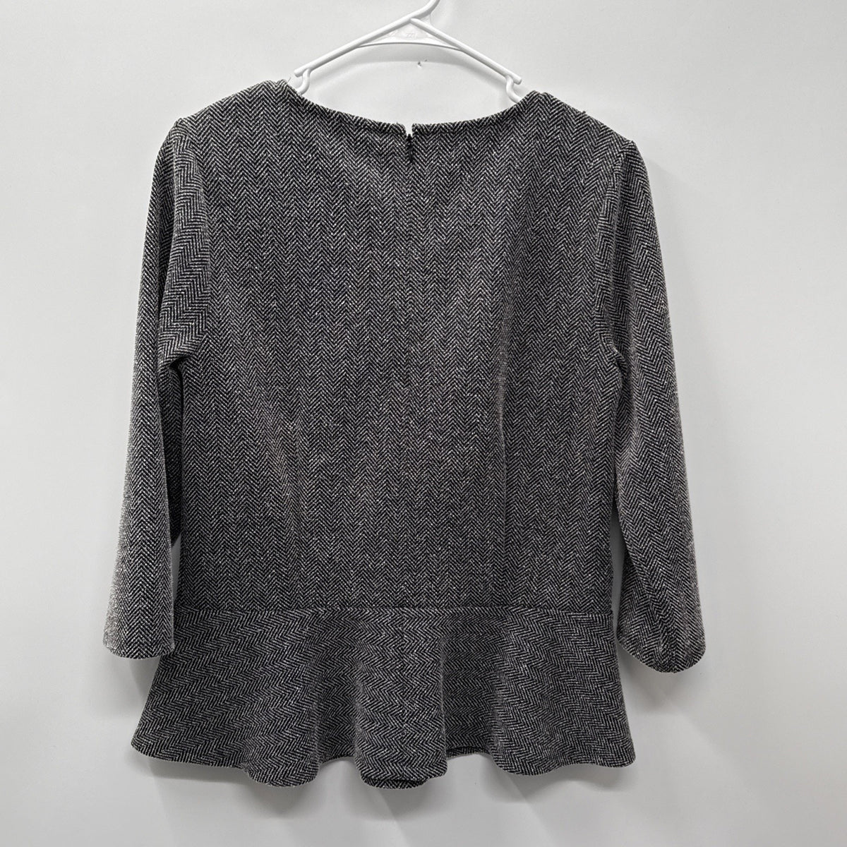 Ann Taylor Peplum Top Womens M Gray Tweed 3/4 Sleeve Crew Neck Casual Back Zip