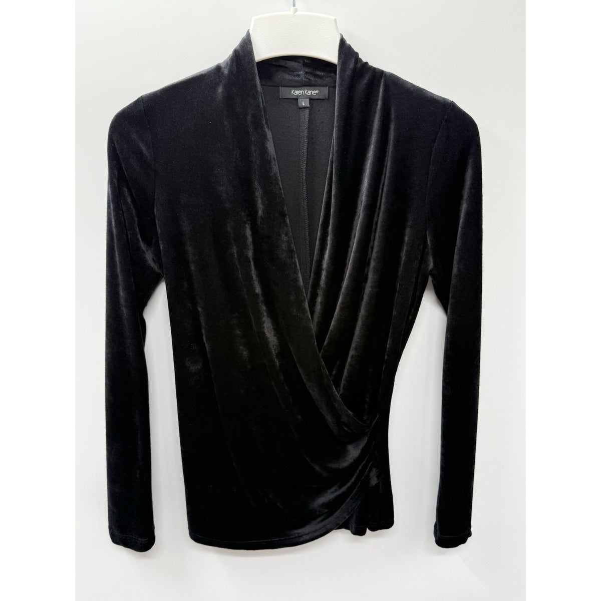 Karen Kane Black Velvet Surplice Top Womens Large Draped Long Sleeve Stretch