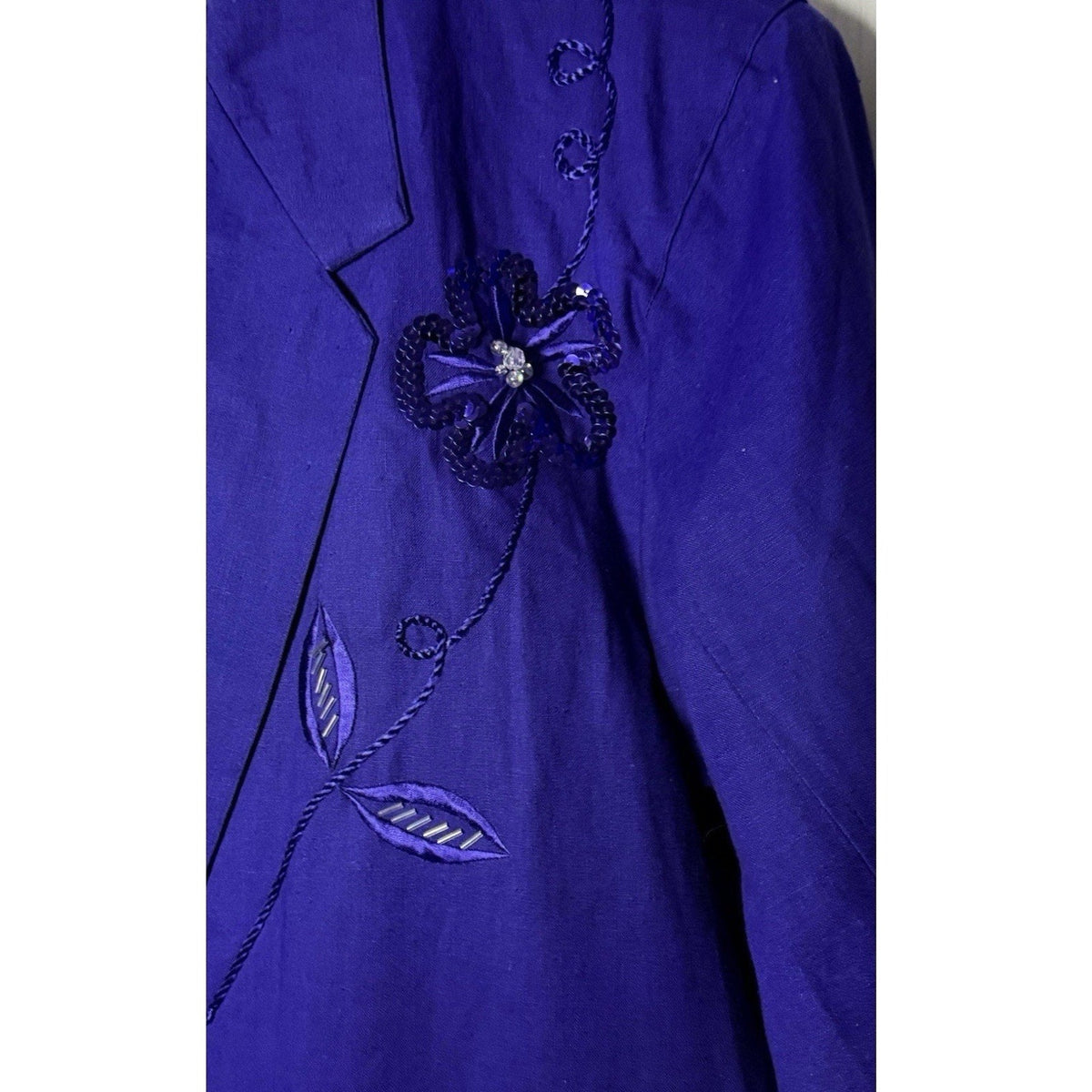 Vintage Adolfo Int’l Linen Blend Blazer L Purple Embroidered Floral Beaded