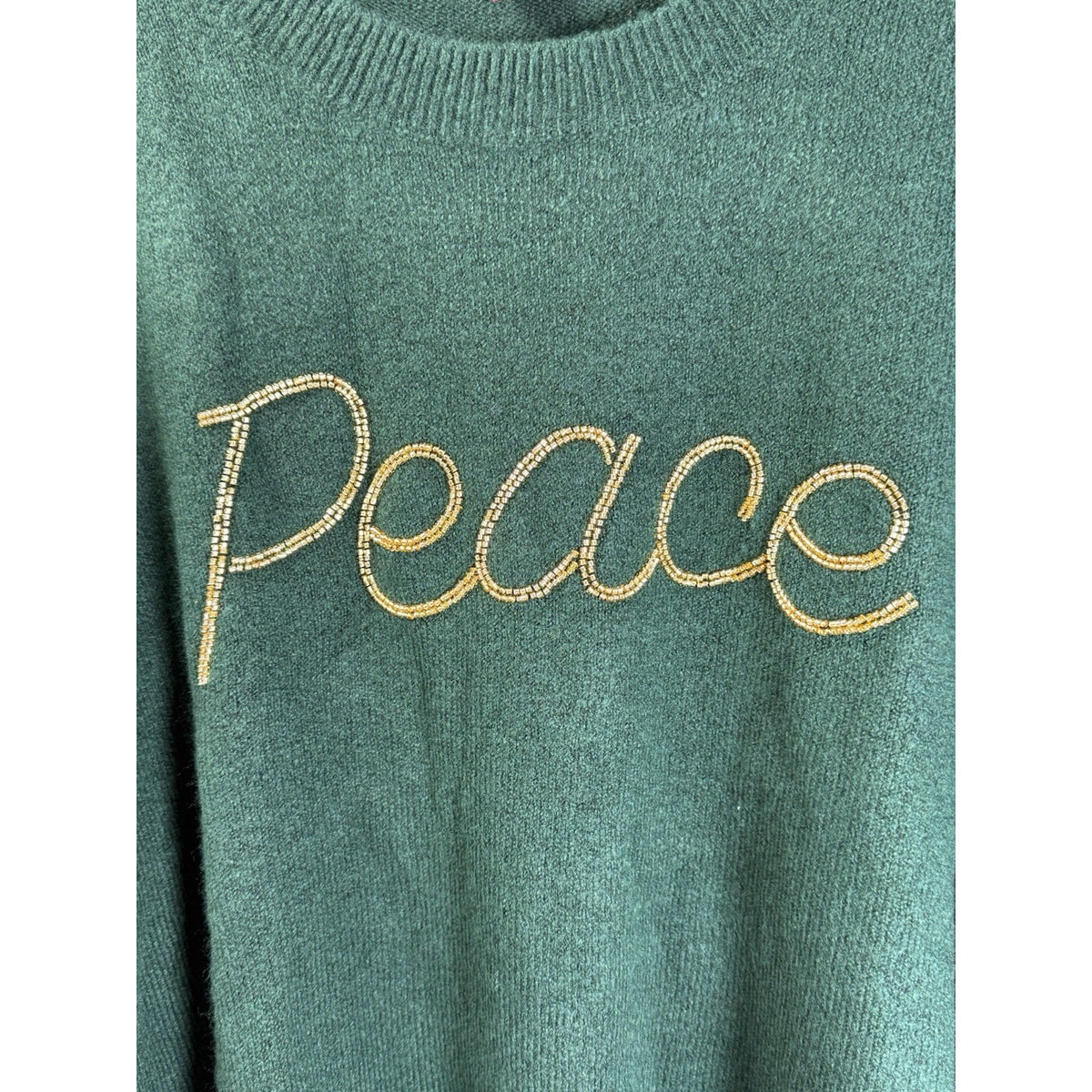 Vince Camuto Sweater XL Green “Peace” Beaded Crewneck Soft Knit Casual Cozy
