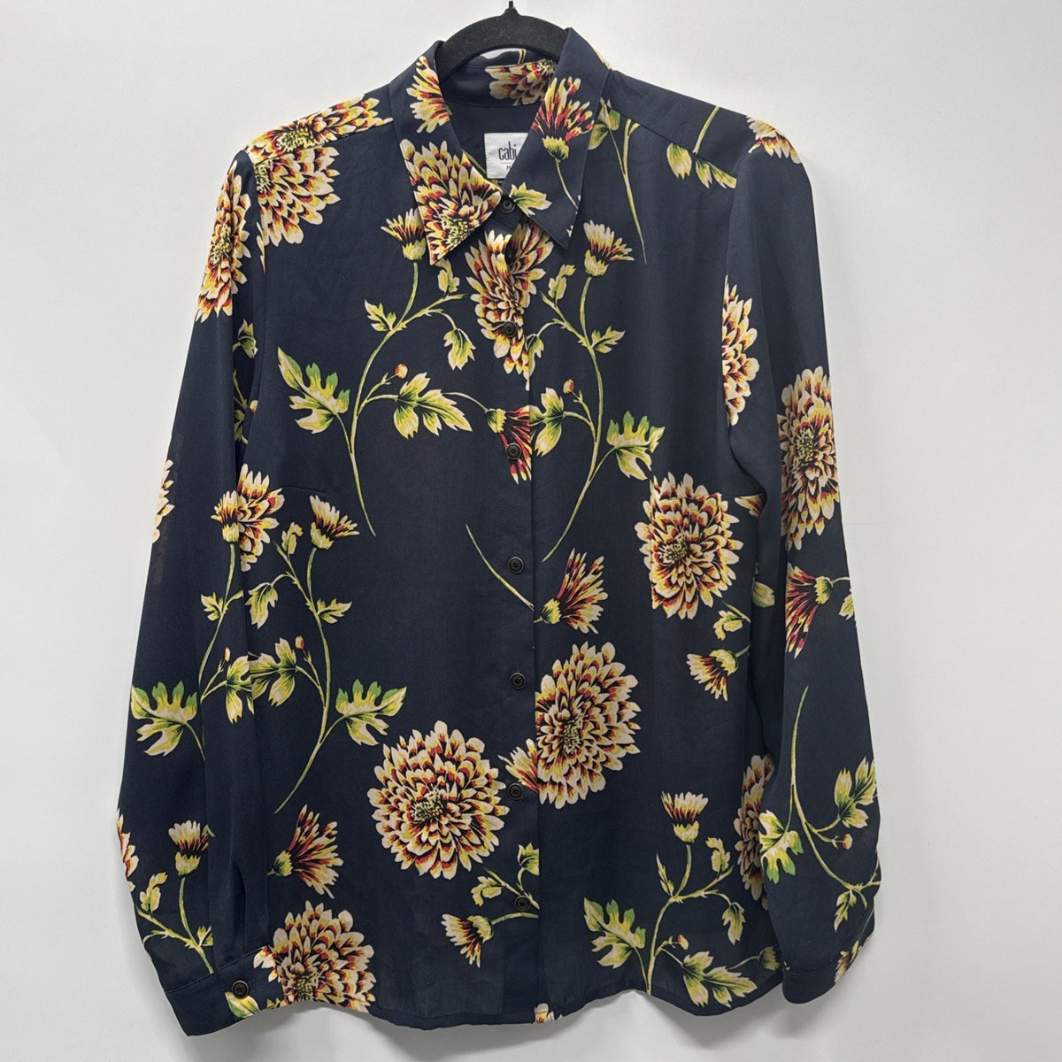 Cabi Shirt Women’s Button Up Daisy Floral Blue LS Size Medium Polyester Boho