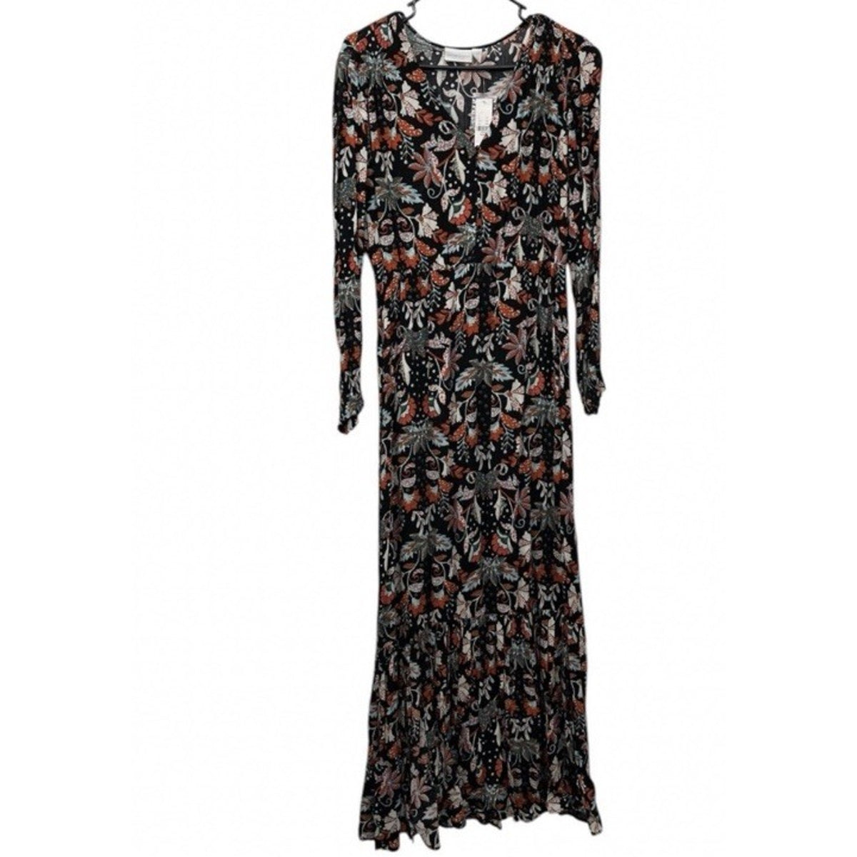 New York & Company Women Black Maxi Dress W/Floral Print Size Small Long Sleeve