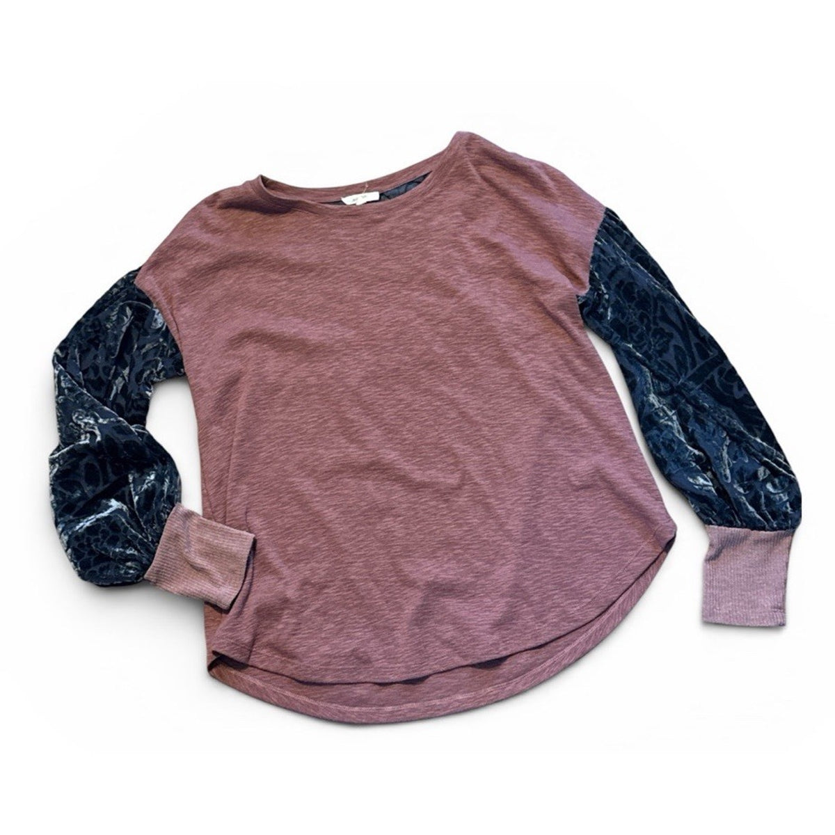 Mystree Velvet Burnout Sleeve Top Mauve Black Boho Romantic Blouse Women’s M