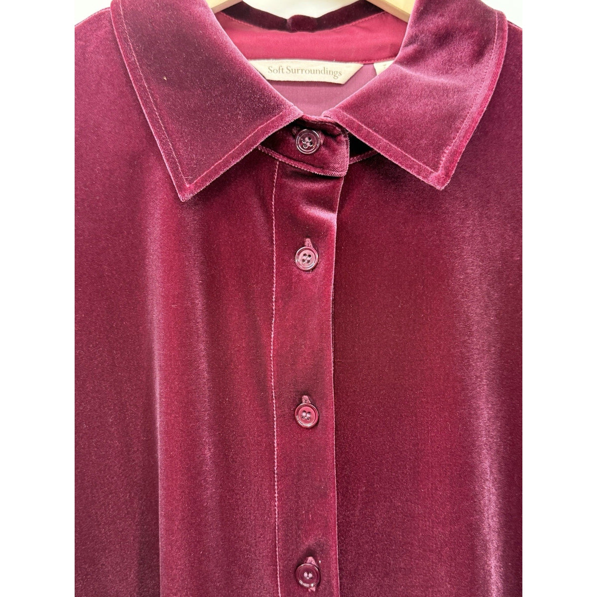 Soft Surroundings S Velvet Top Blouse Button Front Burgundy Stretch Soft