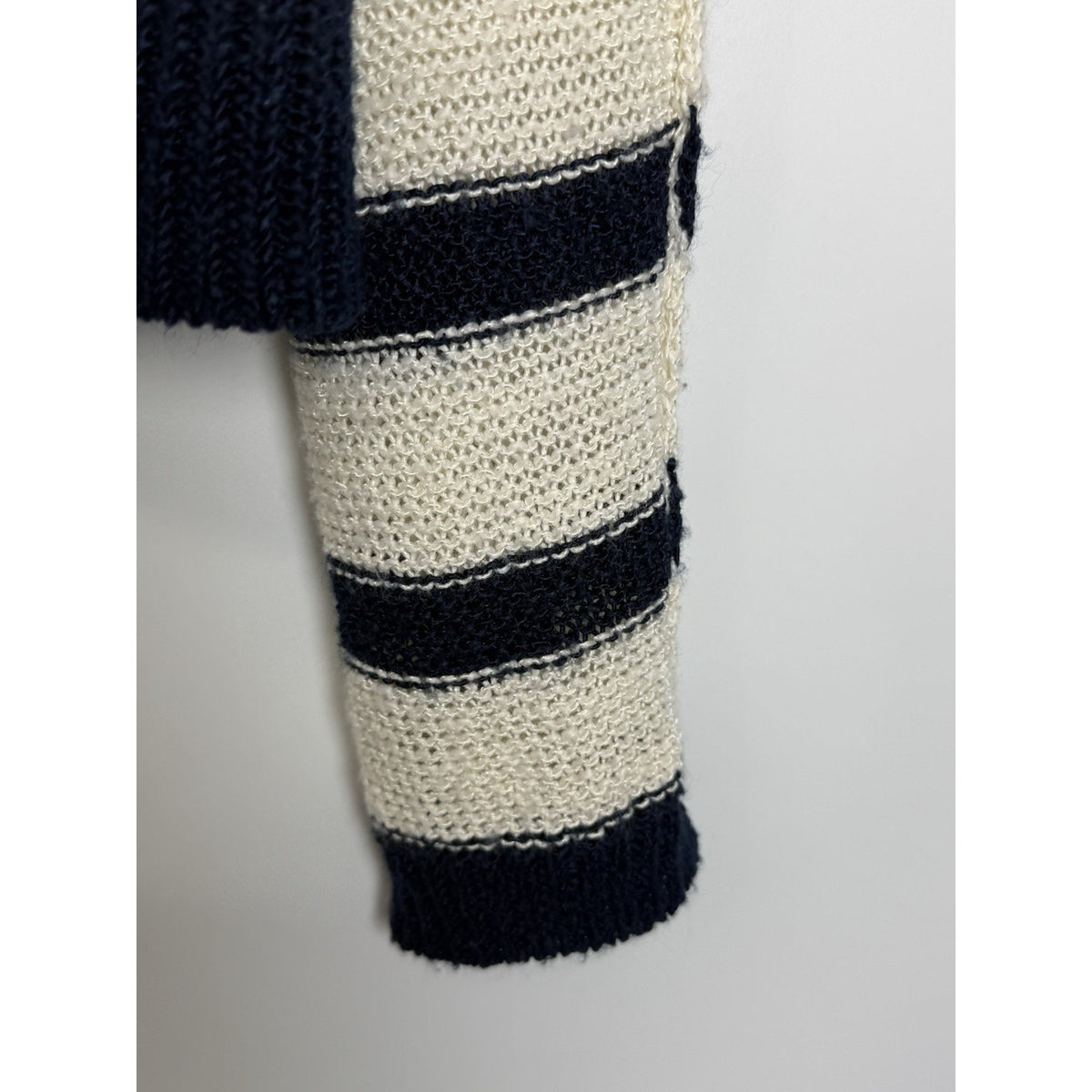 AQUA Striped Knit Sweater Womens L Ivory Black Linen Blend Crew Neck